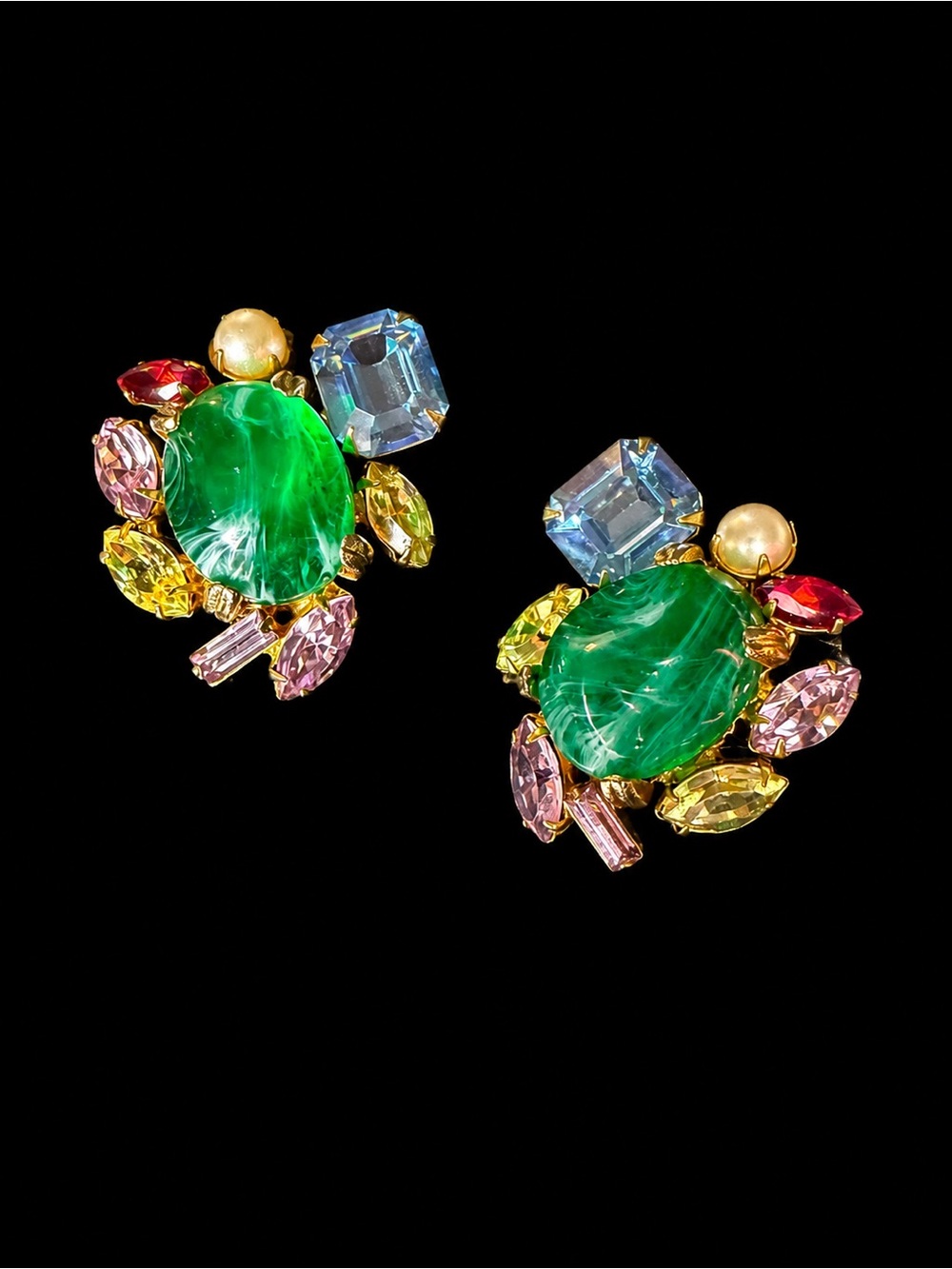 Alice Caviness gold tone & art glass cabachon multi colour clip- ons
